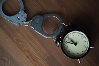 Handcuffs rest on a wooden table next to a vintage clock, symbolizing time and consequences.