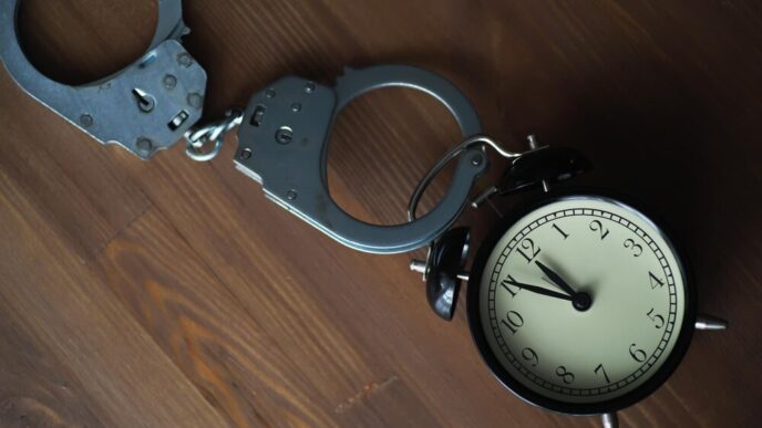 Handcuffs rest on a wooden table next to a vintage clock, symbolizing time and consequences.