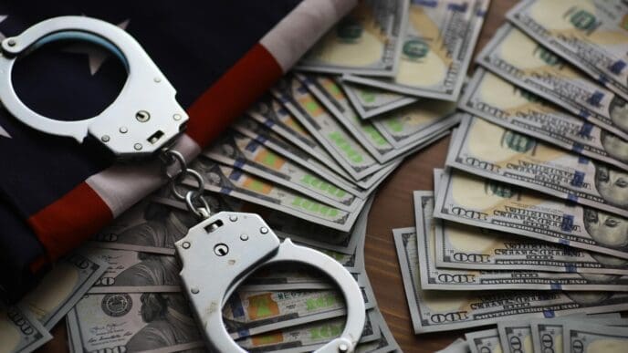 Handcuffs rest on a surface next to a US flag and piles of dollar bills, symbolizing financial crime and law enforcement.