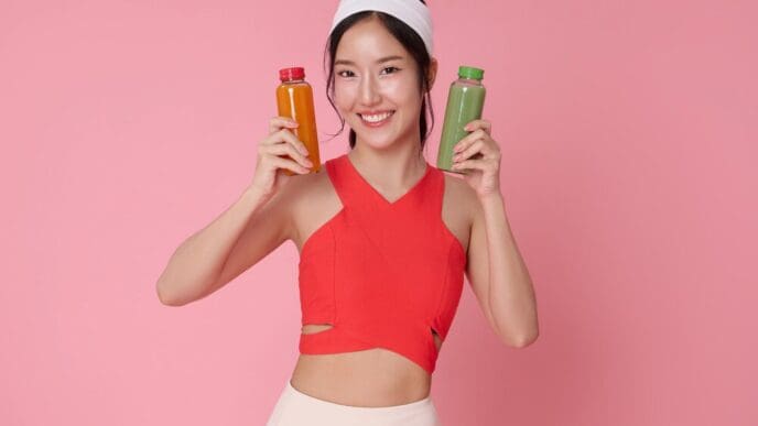 Asian woman in fitness attire holding bottles of detox juice, promoting wellness.