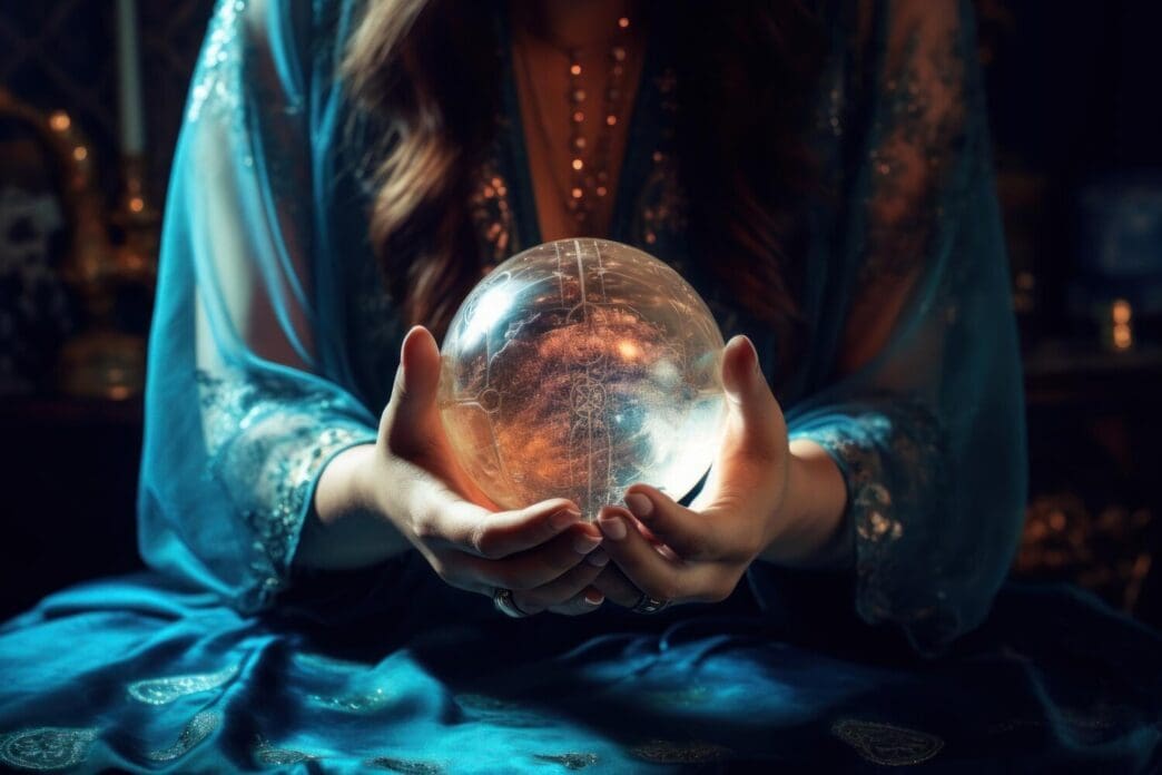 An adult holds a glowing sphere, possibly a light source or a futuristic device.
