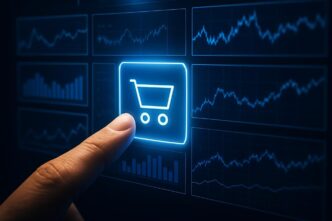 Human finger touching a glowing shopping cart icon on a screen.