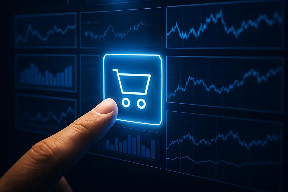 Human finger touching a glowing shopping cart icon on a screen.