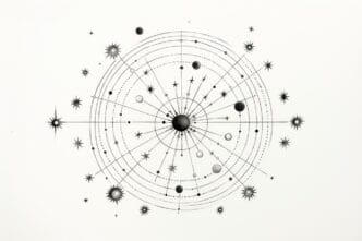 Line drawing of zodiac constellations against a starry background.