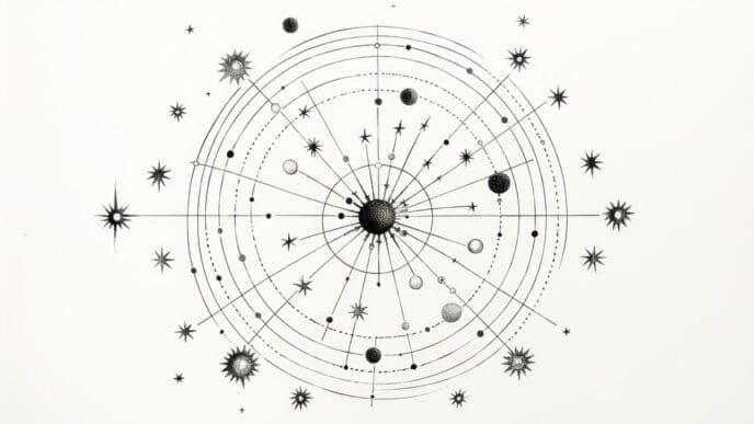 Line drawing of zodiac constellations against a starry background.