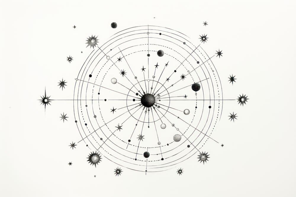 Line drawing of zodiac constellations against a starry background.