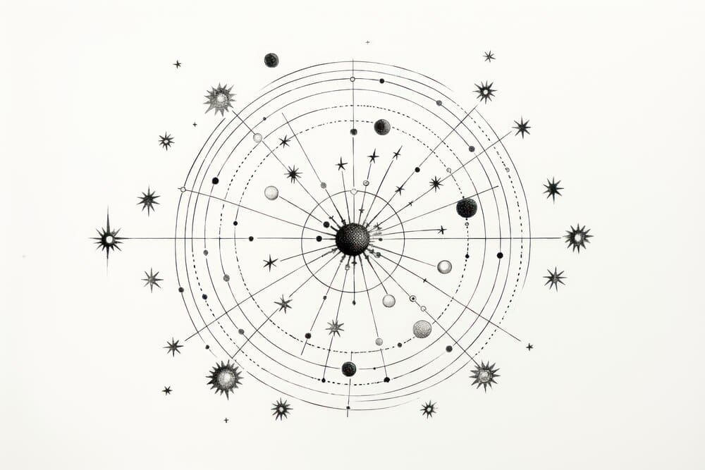 Line drawing of zodiac constellations against a starry background.