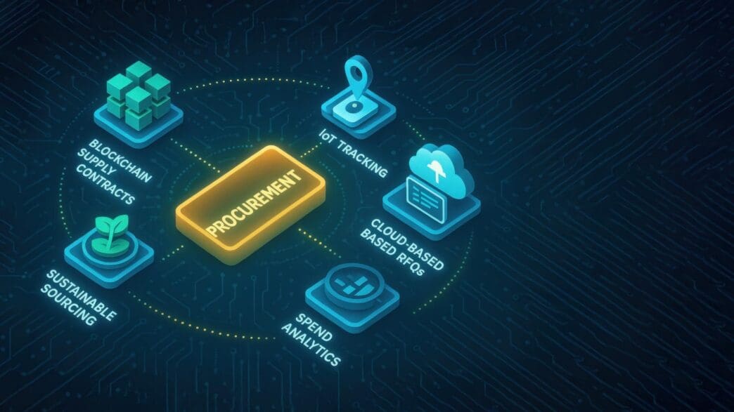 Interconnected modules on a microchip background illustrate a digital supply chain and procurement protection system.