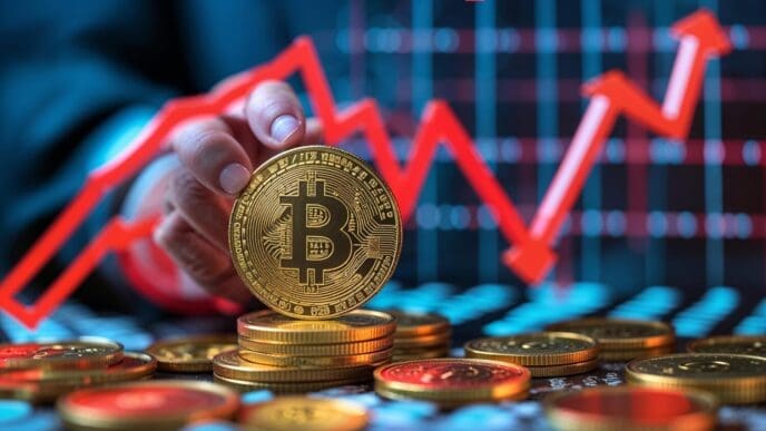 A line graph shows the upward trend of Bitcoin's value, illustrating investment growth in cryptocurrency.