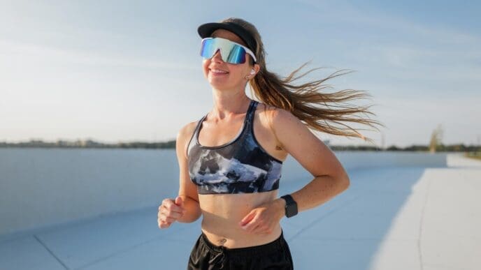 A runner in athletic wear smiles while enjoying a sunny day.