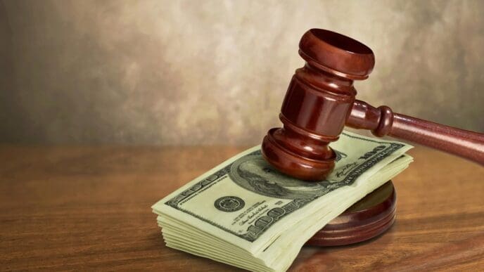 A judge's gavel rests on a wooden table with money visible.