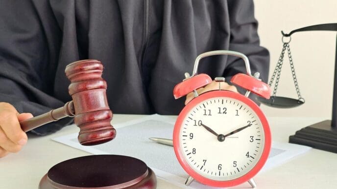 A judge sits at a courtroom table with a gavel, an alarm clock, and a scale of justice.