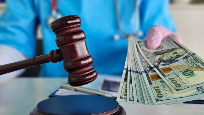 A judge holds a gavel while a medical professional presents stacks of cash in a courtroom setting.