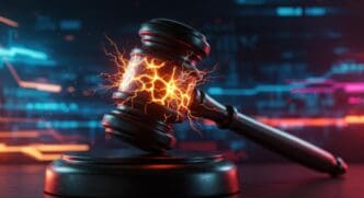 A gavel, symbolizing justice, is engulfed in flames against a backdrop of colorful, abstract city lights.