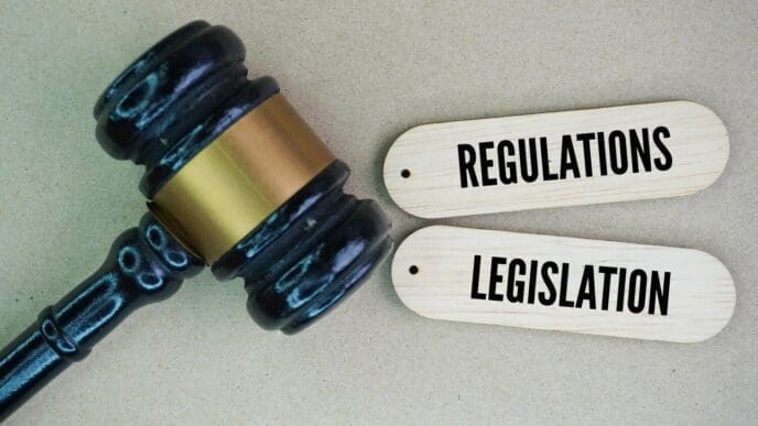 A gavel rests on a block next to the words "regulations" and "legislation," with the word "Legislation" partially visible.