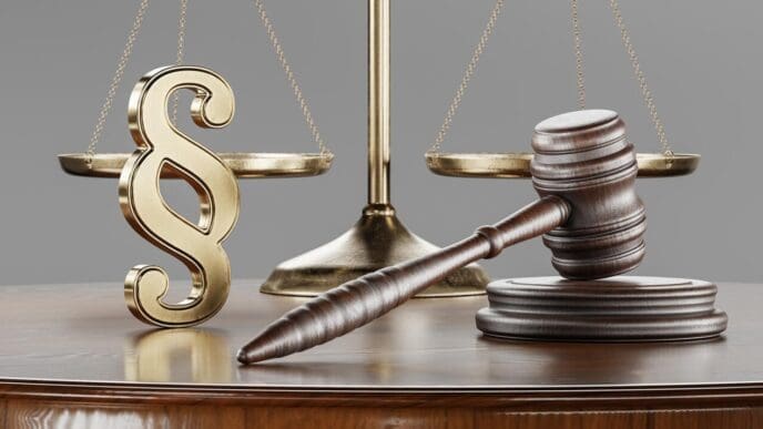 A gavel rests on a table beside a set of scales, a book, and a paragraph symbol, representing legal concepts.