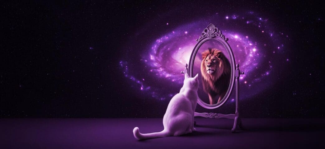 A surreal digital artwork depicts a lion's face composed of swirling galaxies and nebulae reflected in a cat's eye.