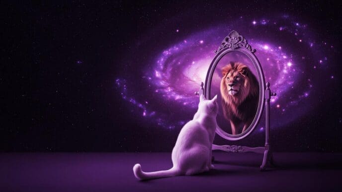 A surreal digital artwork depicts a lion's face composed of swirling galaxies and nebulae reflected in a cat's eye.