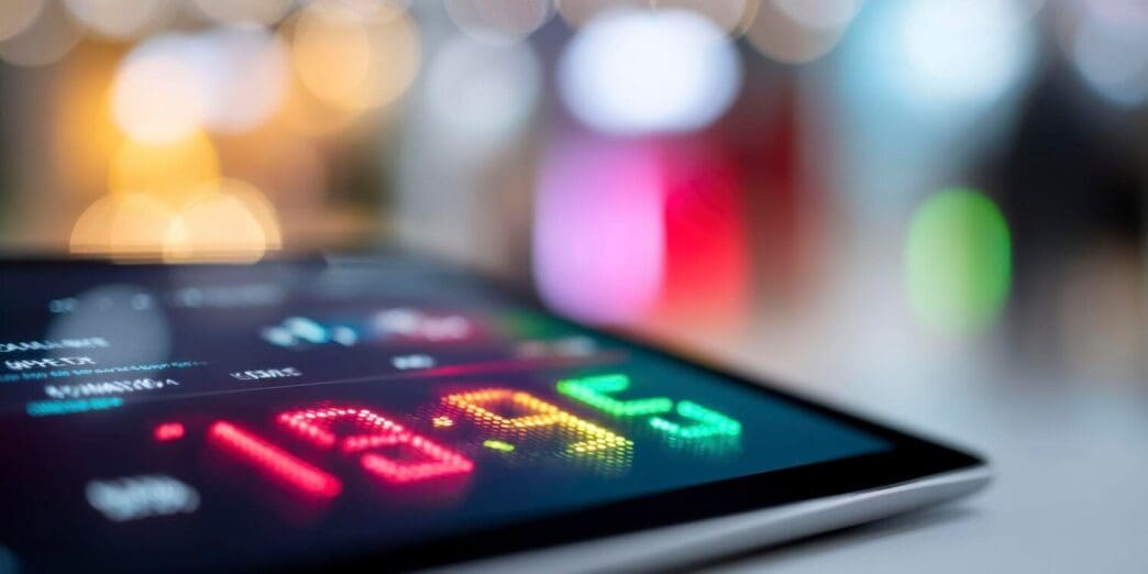 Close-up of a tablet screen showing a Cyber Monday flash sale timer with pixelated numbers and bright colors, and a blurred shopping app in the background.
