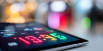 Close-up of a tablet screen showing a Cyber Monday flash sale timer with pixelated numbers and bright colors, and a blurred shopping app in the background.