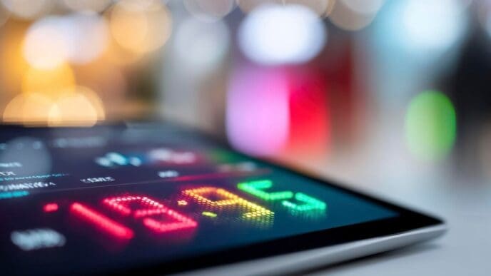 Close-up of a tablet screen showing a Cyber Monday flash sale timer with pixelated numbers and bright colors, and a blurred shopping app in the background.