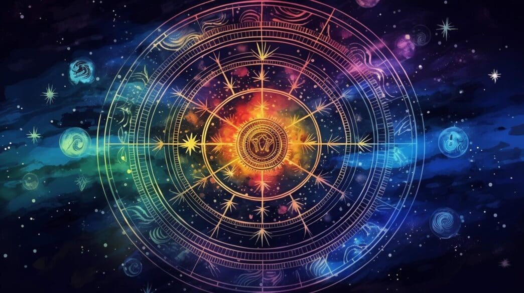 A blue background features a crescent moon, a sun, and esoteric patterns, creating a magical banner for astrology.