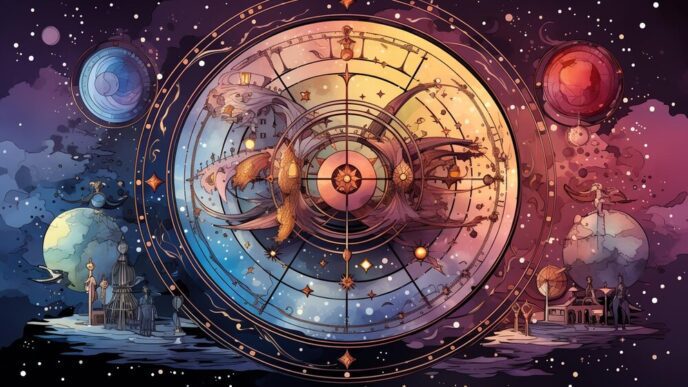 Illustration of a crescent moon and sun surrounded by stars on a blue background.