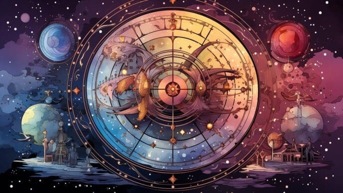 A mystical illustration features a crescent moon and sun on a blue background with esoteric symbols.