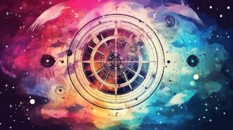 A blue background features a crescent moon, a sun, and celestial symbols, creating an esoteric illustration.