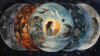 Illustration of a crescent moon and sun with celestial patterns on a blue background.