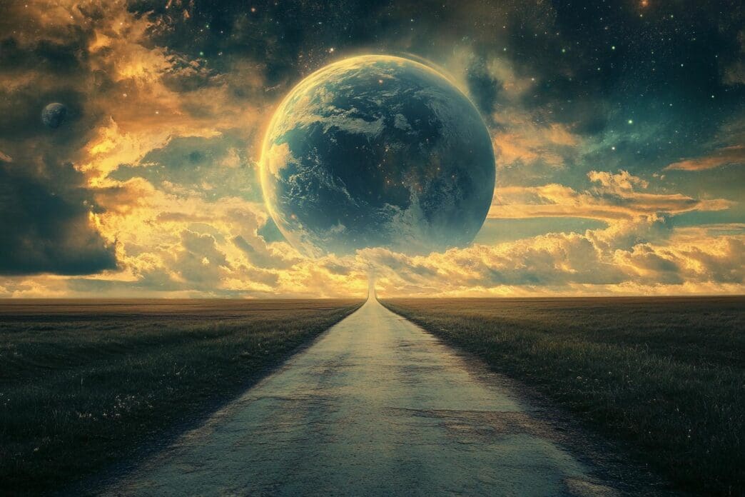 A winding road illuminated by celestial light travels through a cosmic landscape toward distant planets in a starry night sky.