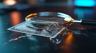 Close-up of a magnifying glass examining a cracked, damaged money bill.