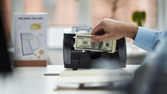A man in an office counts money using a banknote counter.