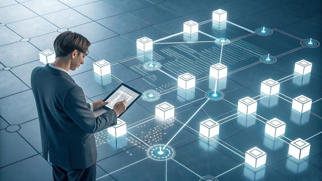 A man uses a tablet to interact with a colorful, abstract visualization of blockchain data.