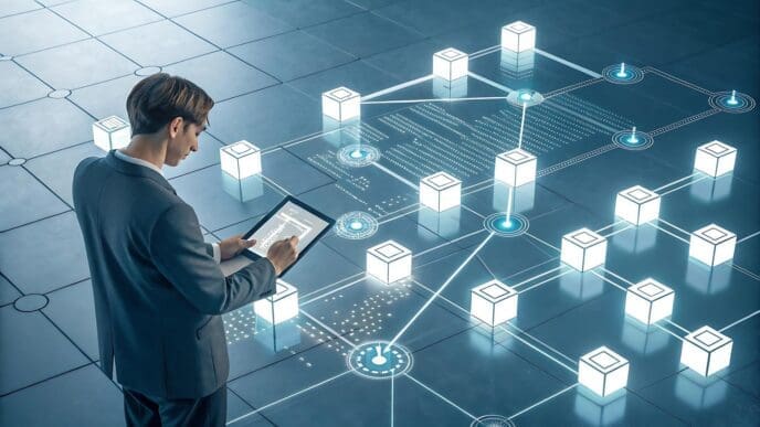 A man uses a tablet to interact with a colorful, abstract visualization of blockchain data.