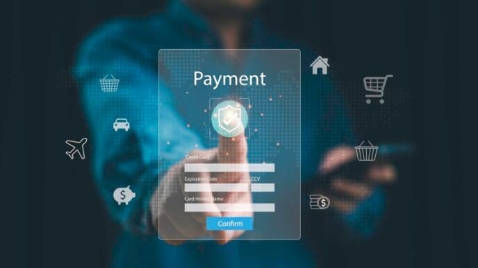 Man using a credit card to make a secure online payment on a website with a shield icon.