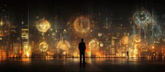 A man gazes at glowing, futuristic displays in a city at night, illustrating a technology concept.