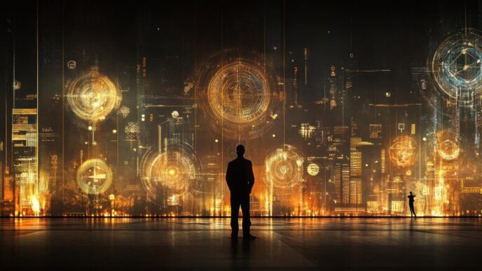 A man gazes at glowing, futuristic displays in a city at night, illustrating a technology concept.