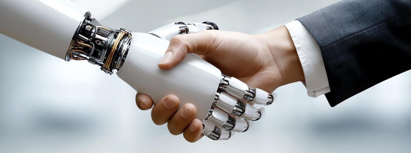 A human hand and a robotic hand clasp in a handshake, an AI-generated image.