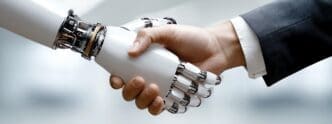A human hand and a robotic hand clasp in a handshake, an AI-generated image.