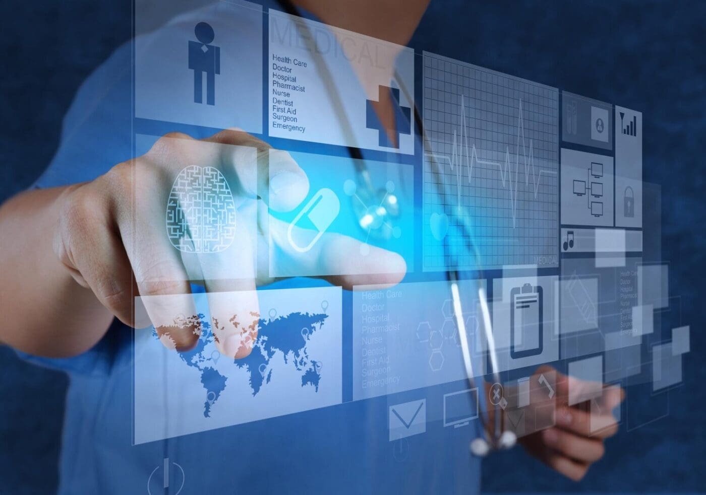 A doctor in a white coat uses a modern computer.