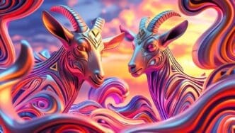 Two metallic goat sculptures, a male and a female, stand together.