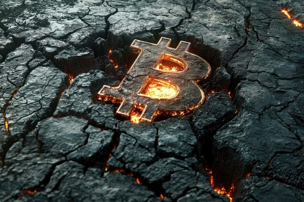 A cracked lava rock displays a molten Bitcoin symbol at its center.