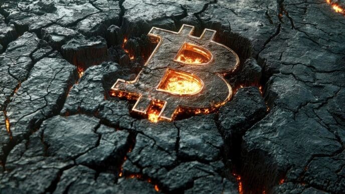 A glowing Bitcoin symbol is embedded in cracked, dark red lava.
