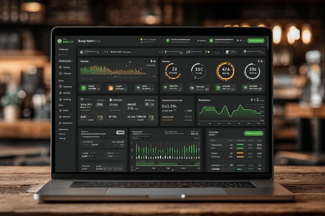A computer screen displays real-time analytics and metrics in a cozy urban cafe during the late afternoon.