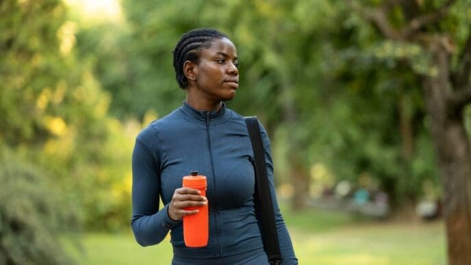 A woman in athletic wear stands outside, appearing ready to begin a workout.