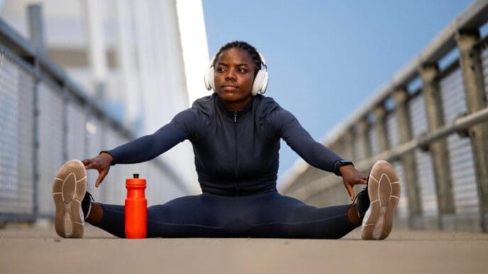 A determined woman athlete in workout gear stretches and prepares for a run.