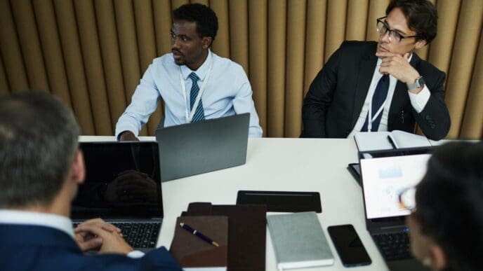 Multiethnic group of middle-aged business professionals attending a meeting.