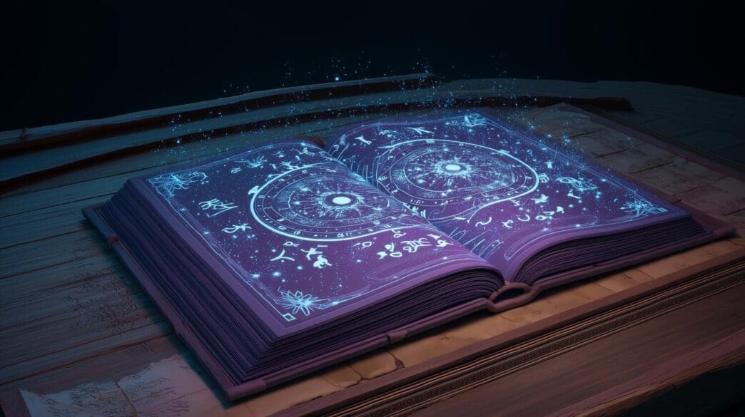 A mystical book of magic spells is open, revealing glowing symbols and illustrations in a dark, enchanted setting.