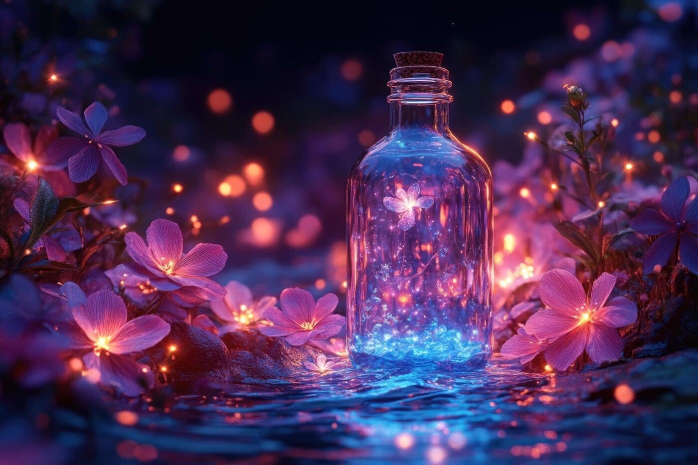 Fireflies illuminate a dark river at night, creating a magical scene.